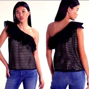 J Crew SZ 2 Black One-Shoulder Ruffle Eyelet Top 🌺